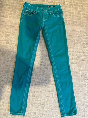 Miss Me Teal Skinny Jeans with White Contrast Stitching